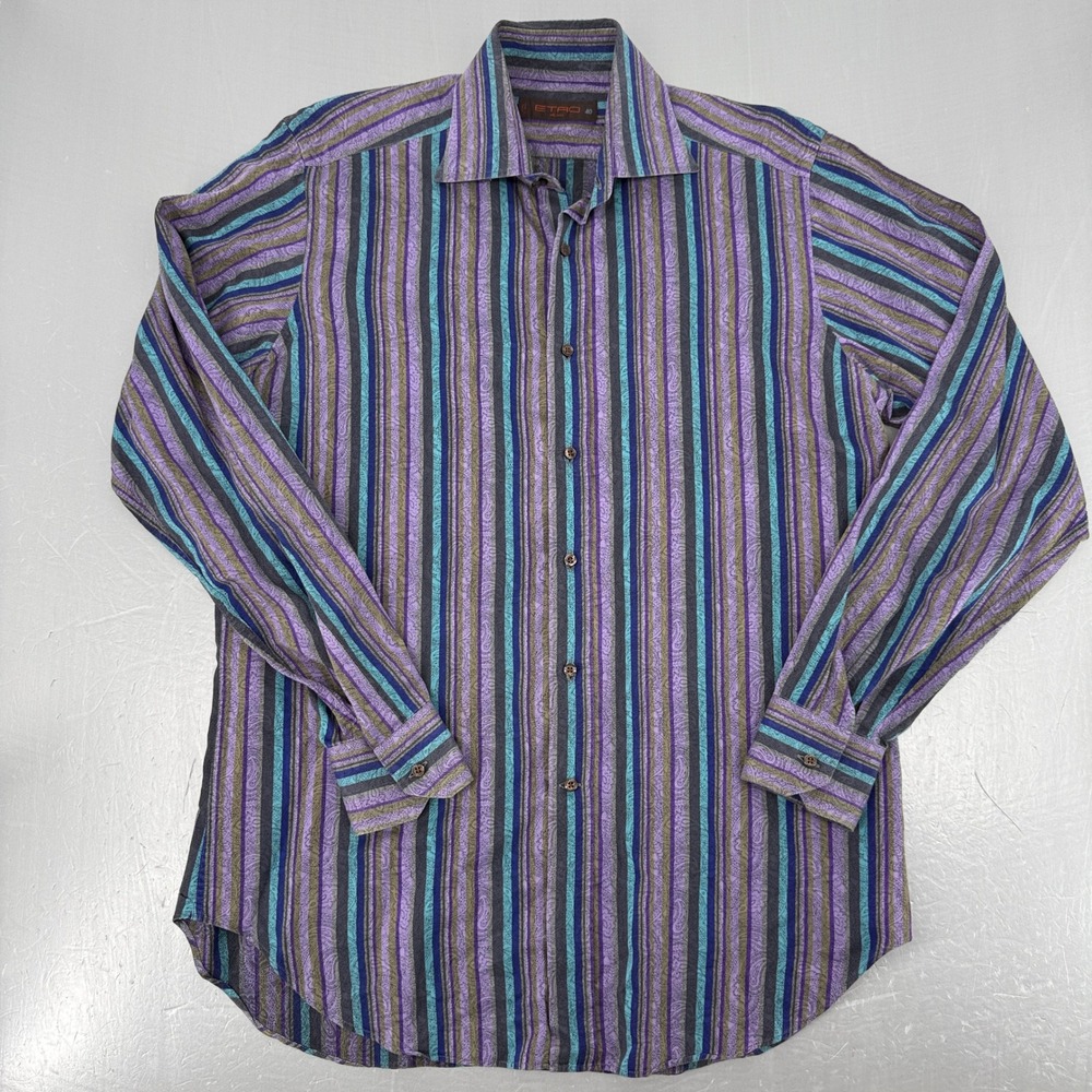 Etro Milano Mens Purple Striped Paisley Button Down Shirt Size 40 Made in Italy